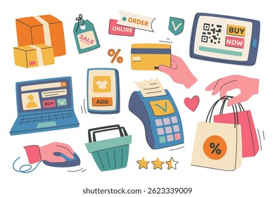 Compras en línea en el Diseño gráfico plano. Colección Elementos aislados de venta, pedido, paquete de caja de entrega, tarjeta de crédito, pago sin efectivo, App móvil, Sitio web, cesta, otros. Ilustración vectorial.