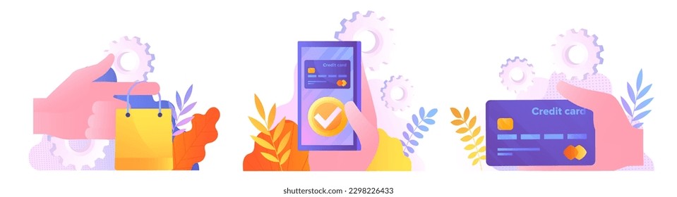 Online shopping set. Hand with package, smartphone and bank card. Delivery of goods and ecommerce. Transfer and payment on Internet. Cartoon flat vector illustrations isolated on white background