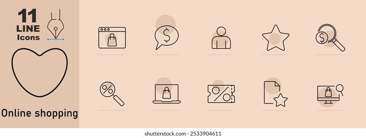 Online shopping set icon. Browser with lock, price tag, person icon, star rating, search with dollar, discount sign, laptop with lock, coupon, favorite icon, online store.