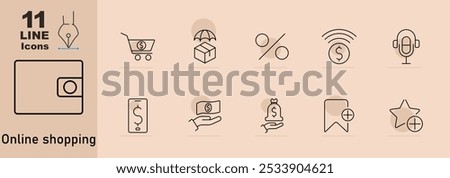 Online shopping set icon. Shopping cart, umbrella with coin, package, percentage, wireless payment, microphone, smartphone with dollar, hand with money, money bag, bookmark, star with plus sign