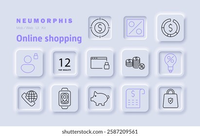 Online shopping set icon. Discount, savings, marketplace, financial security, transaction processing, digital wallet, shopping cart, consumer engagement, e-commerce platform, budget