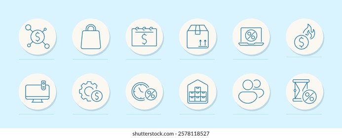 Online shopping set icon. Dollar symbol, shopping bag, computer, cogwheel, calendar, delivery box, promotional discounts, fast shipping, sales, limited-time offers, global trade, retail.