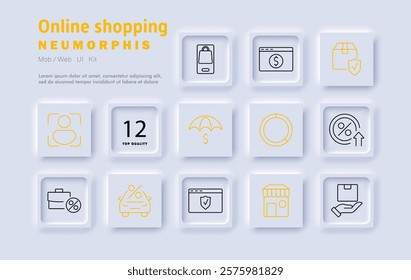 Online shopping set icon. E-commerce, digital payments, product protection, customer profile, order tracking, sales growth, promotions, package delivery, store security