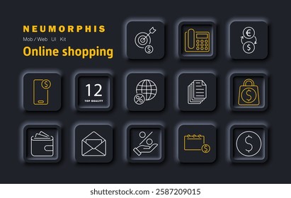 Online shopping set icon. E-commerce, digital payments, mobile shopping, financial transactions, global trade, product purchase, business growth, currency exchange, financial planning