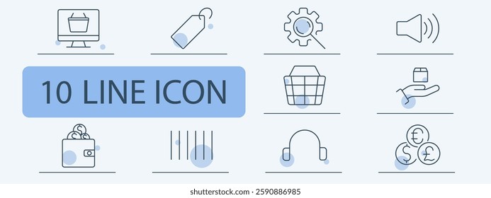 Online shopping set icon. E-commerce, price tag, search settings, speaker, shopping basket, package delivery, wallet, barcode, headphones, currency exchange.