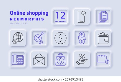 Online shopping set icon. E-commerce, mobile payments, digital transactions, financial exchange, secure wallet, online store, global market, shopping cart, discount offers, mobile banking