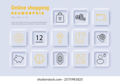 Online shopping set icon. Financial transactions, order management, digital marketplace, secure payment, customer satisfaction, budgeting, online services, store interaction