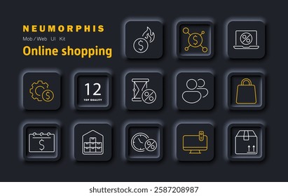 Online shopping set icon. Financial transactions, percentage discounts, product delivery, inventory management, secure payments, e-commerce, retail trends