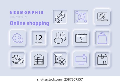 Online shopping set icon. Financial transactions, market analysis, digital payments, e-commerce security, discount tracking, savings, warehouse management, budget planning, currency