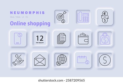 Online shopping set icon. Mobile payments, e-commerce, wallet, financial transactions, shopping cart, currency exchange, online banking, order tracking, digital marketplace, secure payment