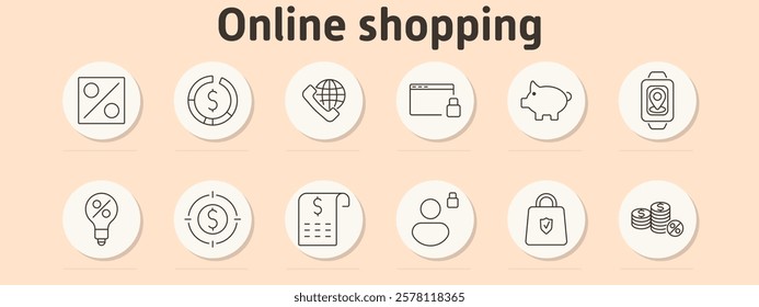 Online shopping set icon. Money network, discount on laptop, percent with clock, users, hourglass with discount, storage boxes, shopping bag, dollar with flame, computer screen lock, settings dollar