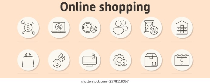 Online shopping set icon. Money network, discount on laptop, percent with clock, users, hourglass with discount, storage boxes, shopping bag, dollar with flame, computer screen lock, settings dollar