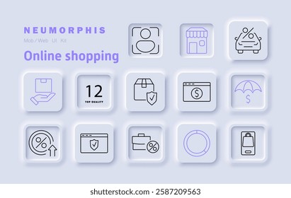 Online shopping set icon. Package delivery, secure payment, store, online orders, customer protection, digital transactions, financial management, discount tracking, shipping, insurance