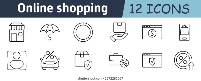 Online shopping set icon. Storefront, umbrella, cart, packages, payment methods, discount tags, secure delivery, shopping app, promotions, financial transactions, safety, convenience, e-commerce