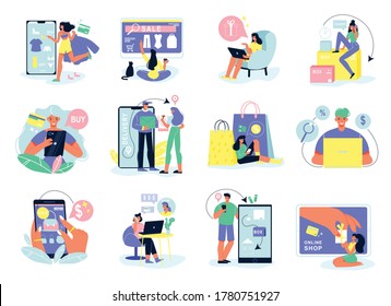 Online shopping set of isolated icons with sale and buy pictograms human characters and electronic gadgets vector illustration