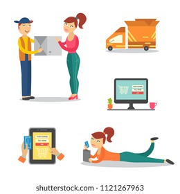 Online shopping set with process of choosing product, payment with credit card and delivery of goods. Isolated flat cartoon vector illustration of young woman purchasing item in online shop.