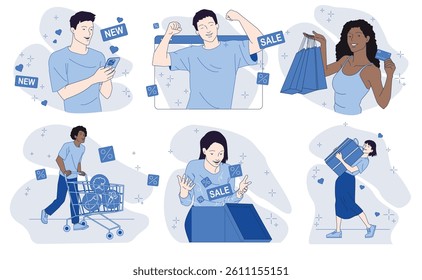 Online shopping. Set of scenes of happy men and women making purchases on Internet, ordering home delivery and spending money on sales. Flat vector illustration collection isolated on background