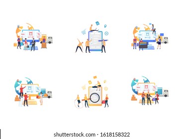 Online shopping set. Shoppers using computers, buying at sale, ordering delivery. Flat vector illustrations. Internet store, logistics, ecommerce concept for banner, website design or landing web page