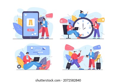 Online shopping set time update track location vector illustration. Comfort life with modern technologies flat style. Digital world concept