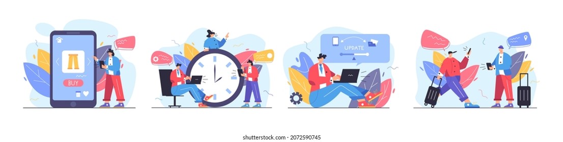 Ilustración vectorial de la ubicación de la pista de actualización de la hora de la compra en línea. Confort con tecnologías modernas de estilo plano. Concepto del mundo digital
