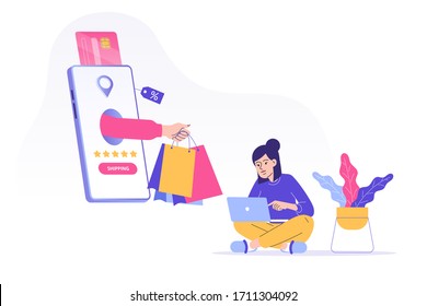 Online shopping and shipping service concept. Hand delivering shopping bags from huge smartphone screen. Young shopaholic woman ordering with laptop. Online payment. Purchase. Vector illustration
