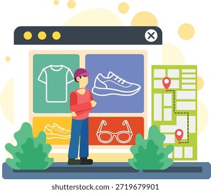 Online shopping shipping with tracking map illustration