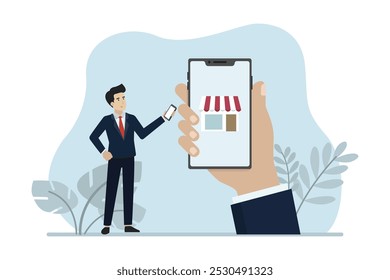 Online shopping, online shop, a man shopping online via mobile phone. Business vector illustration.