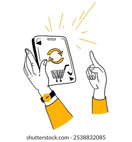 Online shopping, shop ordering and payment. Hands holding tablet. Product order and purchase in store. Modern cartoon doodle hand drawing flat vector illustration isolated on transparent background