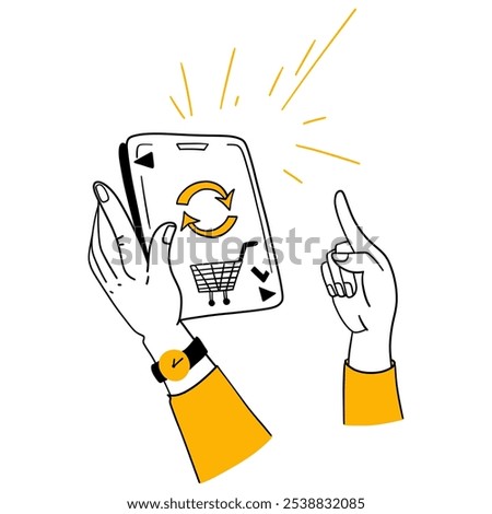 Online shopping, shop ordering and payment. Hands holding tablet. Product order and purchase in store. Modern cartoon doodle hand drawing flat vector illustration isolated on transparent background