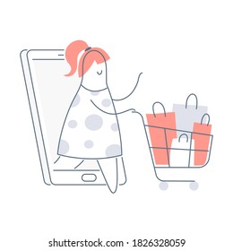 Online shopping, a shopper with a cart full of purchases going from the phone display. E-commerce, fast delivery, sales and consumerism concept. Flat clean line elegant vector illustration on white