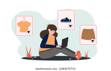 online shopping in online shops. People buy dresses, shirts and pants in online shops. Shoppers buying on internet sale flat vector illustration..