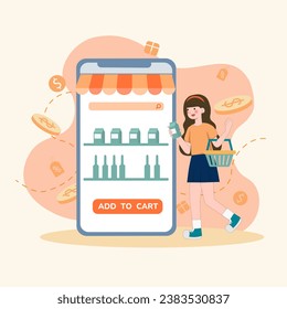 online shopping in online shops. People buy food in online shops. Shoppers buying on internet sale flat vector illustration..