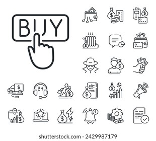 Online Shopping sign. Cash money, loan and mortgage outline icons. Click to Buy line icon. E-commerce processing symbol. Buying line sign. Credit card, crypto wallet icon. Vector