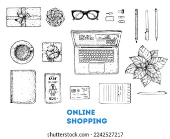 Online shopping sketch. Hand drawn elements, vector illustration. E-commerce vintage design template. Hand drawn sketch with laptop computer, credit card, smartphone, pen and notebook. Top view table.