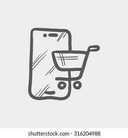 Online shopping sketch icon for web, mobile and infographics. Hand drawn vector dark grey icon isolated on light grey background.