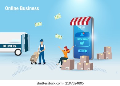 Online shopping small business, e commerce with logistic transport. Woman owner making money from online shopping business with new orders reminder and shipment delivery. 