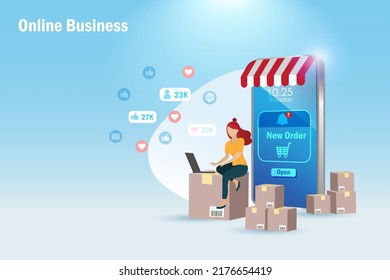 Online shopping small business and social media marketing. Woman owner working on computer with new orders reminder from smartphone, shipment boxes and social love like icons.  