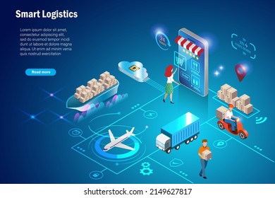 Online Shopping And Smart Global Logistics Delivery System. Shipment Carton Delivery In Supply Chain, Airfreight, Seafreight And Transportation Truck Use Wireless And Cloud Computing Technology.