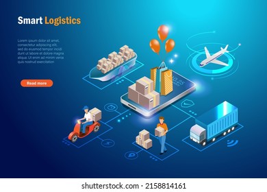 Online shopping and smart global logistics delivery system. Shipment carton delivery in supply chain network connecting, airfreight, seafreight and transportation truck use wireless tracking system.