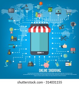 Online shopping - smart phone with awning, various icon set and detailed world map. EPS10 vector. File is layered and can be used in any project.