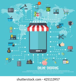 Online shopping - smart phone icon with awning, various shopping icon set and detailed world map. EPS10 vector. File is layered and can be used in any project.