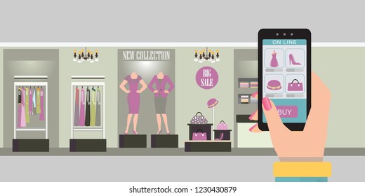 Online shopping with smart phone on e commerce web site or app, Clothing interior shop with products on shelves, Vector illustration.