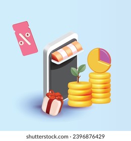Online shopping with smartphone 3d vector minimal cartoon promotion payment 