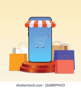 Smartphone de compras online, app de compras cercado com saco de compras
