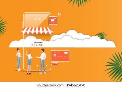 Online-Shopping mit Smartphone-Shopping-App mit Charakteren, Online-Zahlung per Kreditkarte