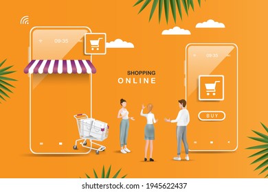 Online shopping with a smartphone shopping application with characters,payment for shopping online summer sale concept,