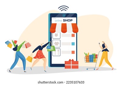 Online shopping smartphone application, gadget technology online payment tiny character flat vector illustration, isolated on white.