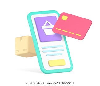 Online shopping smartphone application marketplace delivery card payment 3d icon realistic vector illustration. Digital store shop supermarket mobile phone commercial retail web business technology