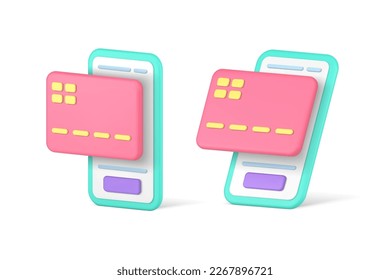Comprar en línea aplicación de smartphone pago servicio digital financiero Icono 3d conjunto de ilustración vectorial realista. Teléfono móvil pago dinero electrónico sin efectivo tecnología de transacción de compra por internet