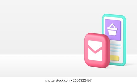 Online shopping smartphone application sale message order banner copy space vector illustration. Internet shop store mobile phone app supermarket market social media marketing advertising